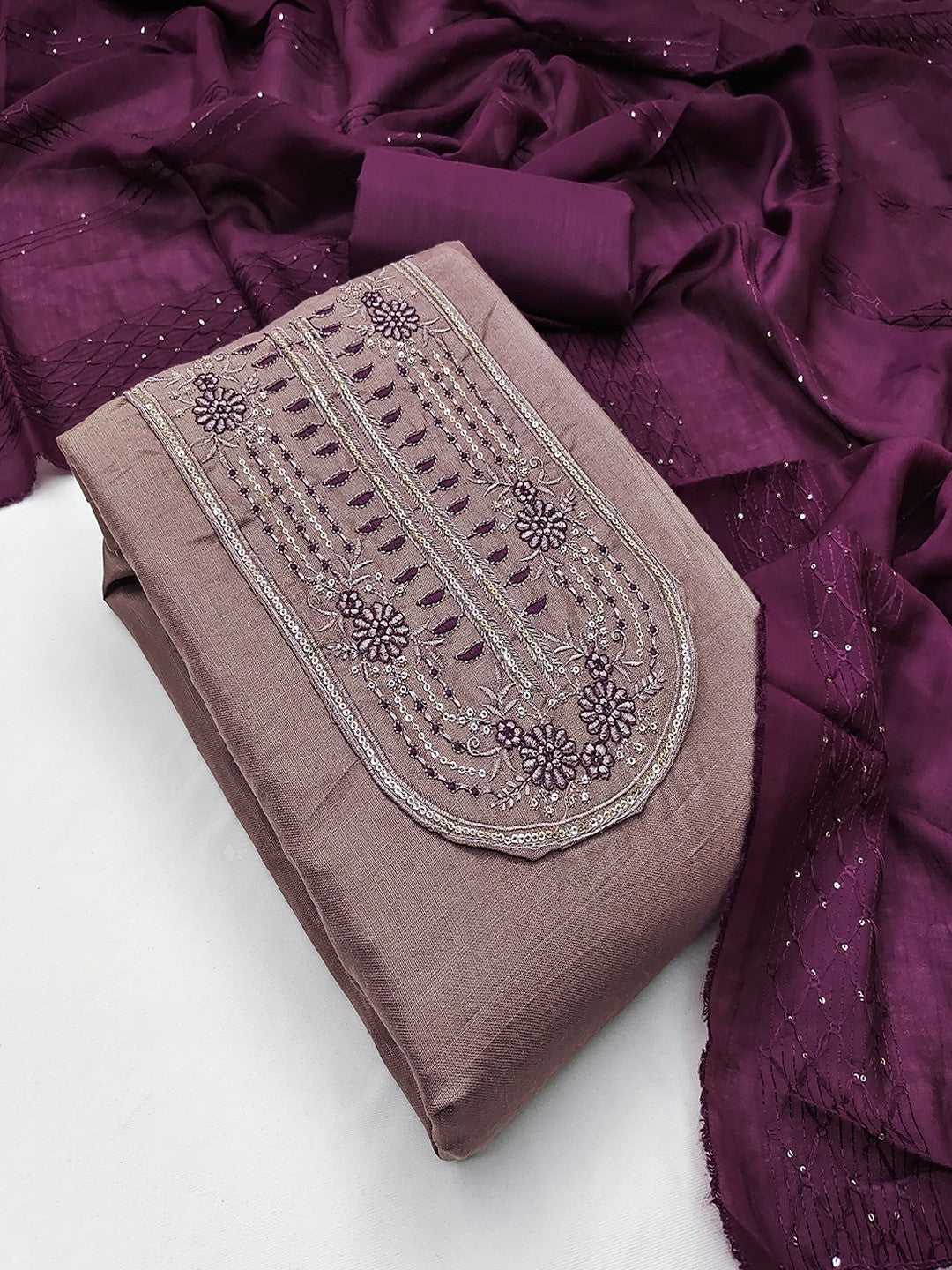 Refreshing Mauve Floral Thread Embroidered Cotton Dress Material With Elegant Sequins Work - Image 4