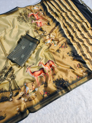 Premium Beige Digital Deer Motif Printed Mulmul Cotton Saree With Delicate Zari Border - Image 2