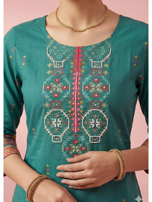 Rama Green Festive Embroidered Cotton Salwar Suit with Contrast Dupatta - Image 2