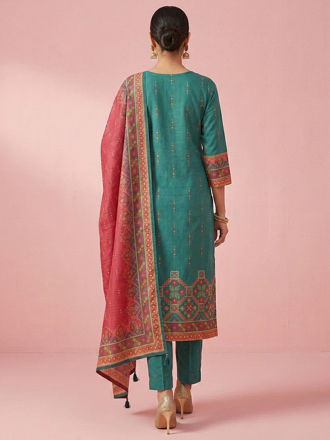 Rama Green Festive Embroidered Cotton Salwar Suit with Contrast Dupatta - Image 4