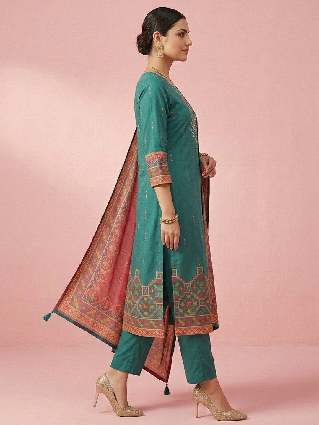 Rama Green Festive Embroidered Cotton Salwar Suit with Contrast Dupatta - Image 3