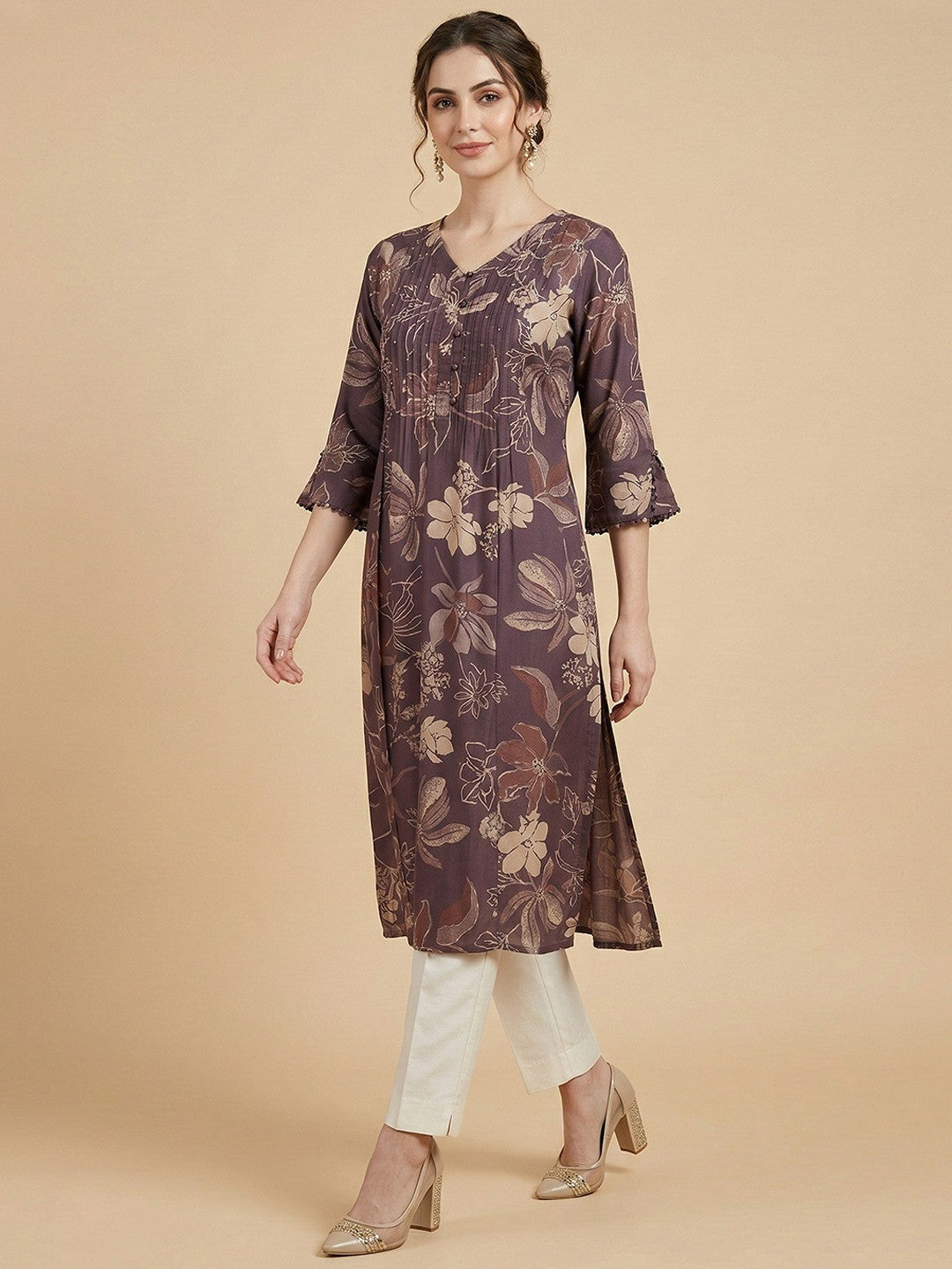 Elegant Purple Floral Printed with Yoke Embroidered Viscose A-Line Kurti - Image 1