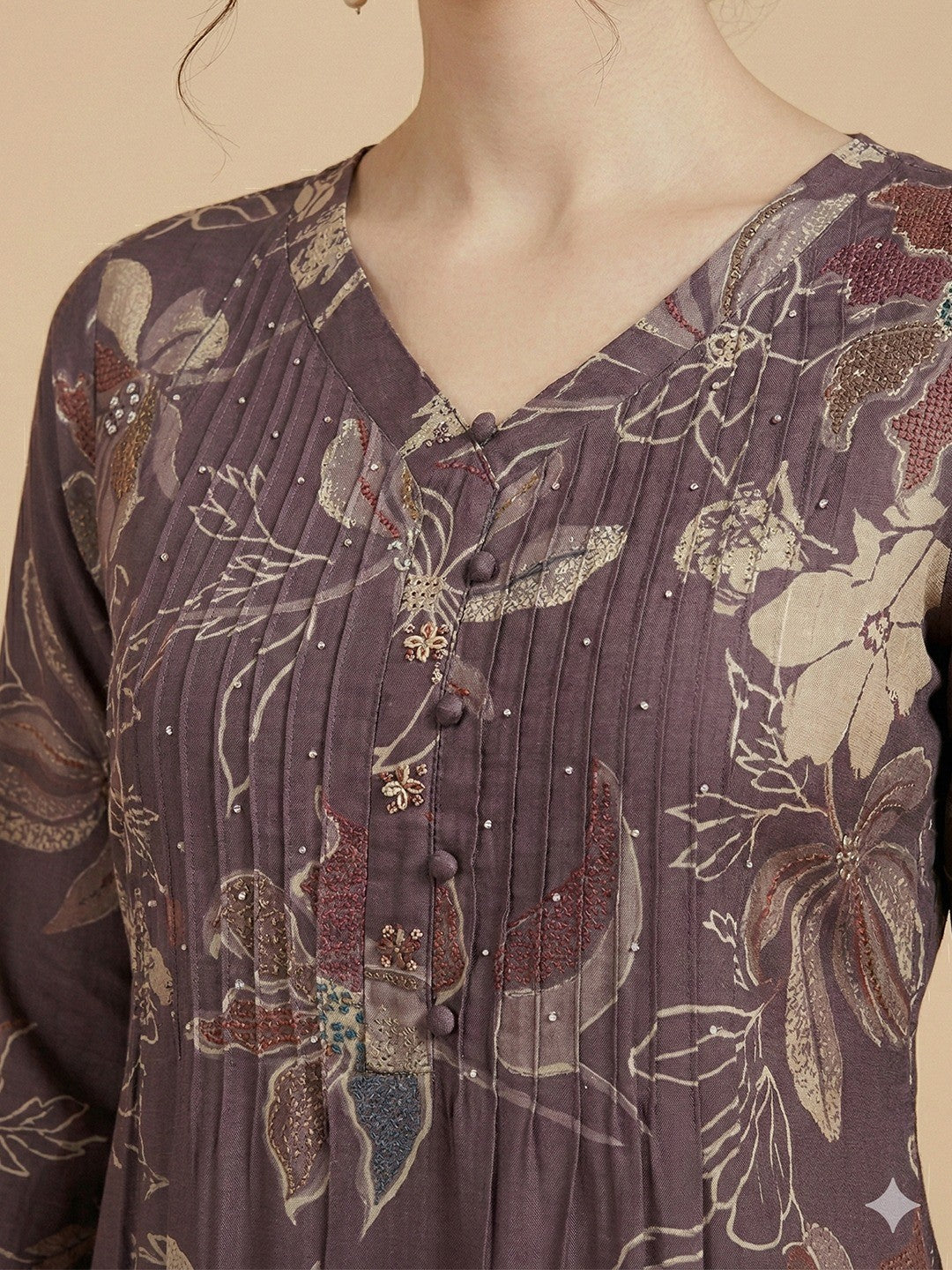 Elegant Purple Floral Printed with Yoke Embroidered Viscose A-Line Kurti - Image 5