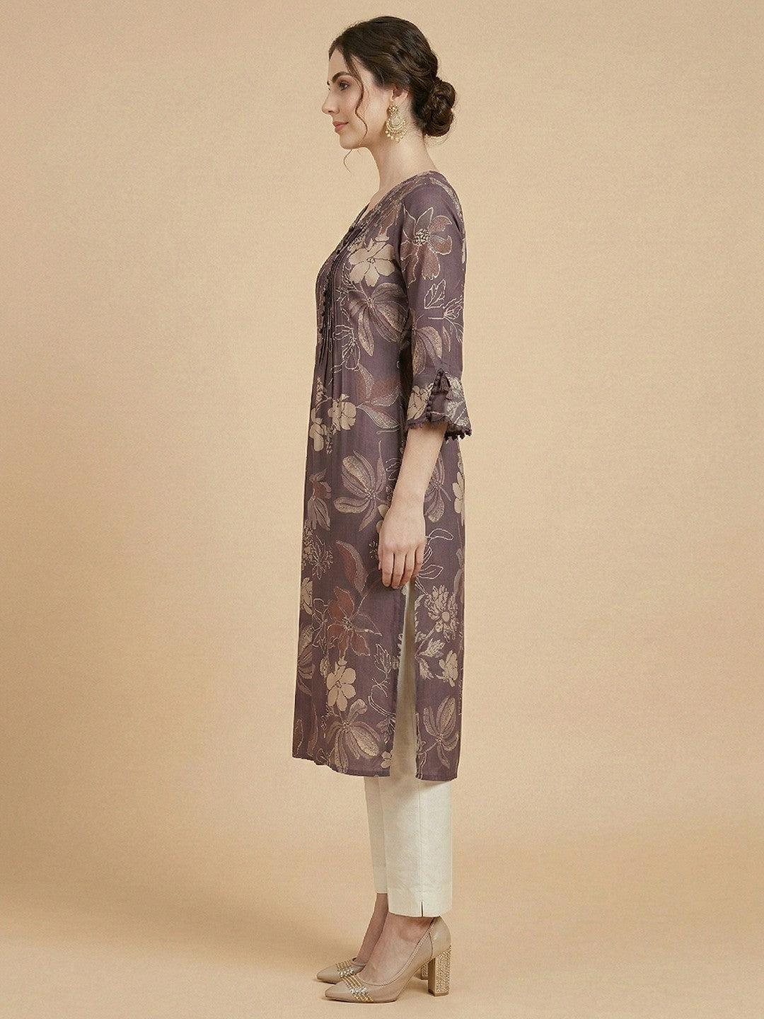 Elegant Purple Floral Printed with Yoke Embroidered Viscose A-Line Kurti - Image 3