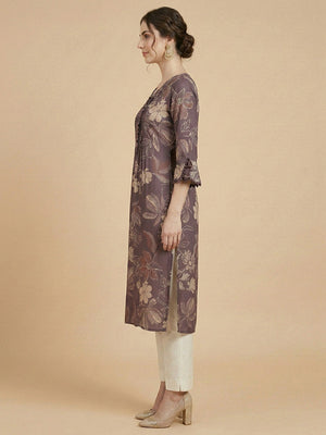 Elegant Purple Floral Printed with Yoke Embroidered Viscose A-Line Kurti - Image 2