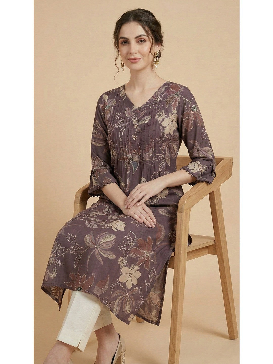 Elegant Purple Floral Printed with Yoke Embroidered Viscose A-Line Kurti - Image 2