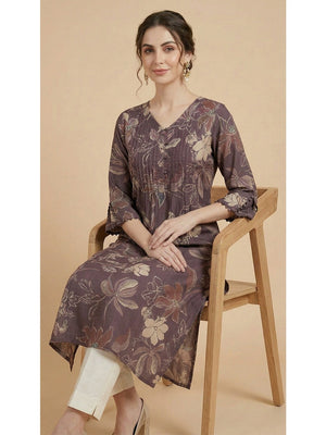Elegant Purple Floral Printed with Yoke Embroidered Viscose A-Line Kurti - Image 2