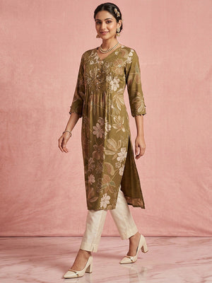 Elegant Olive Green Floral Printed with Yoke Embroidered Viscose A-Line Kurti - Image 1