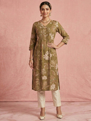 Elegant Olive Green Floral Printed with Yoke Embroidered Viscose A-Line Kurti - Image 2