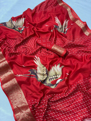 Elegant Red Dola Silk Saree with Crane Bird Print and Zari Border - Image 2