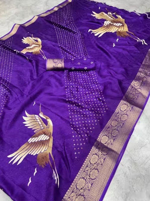Elegant Purple Dola Silk Saree with Bird Motifs and Zari Border - Image 2