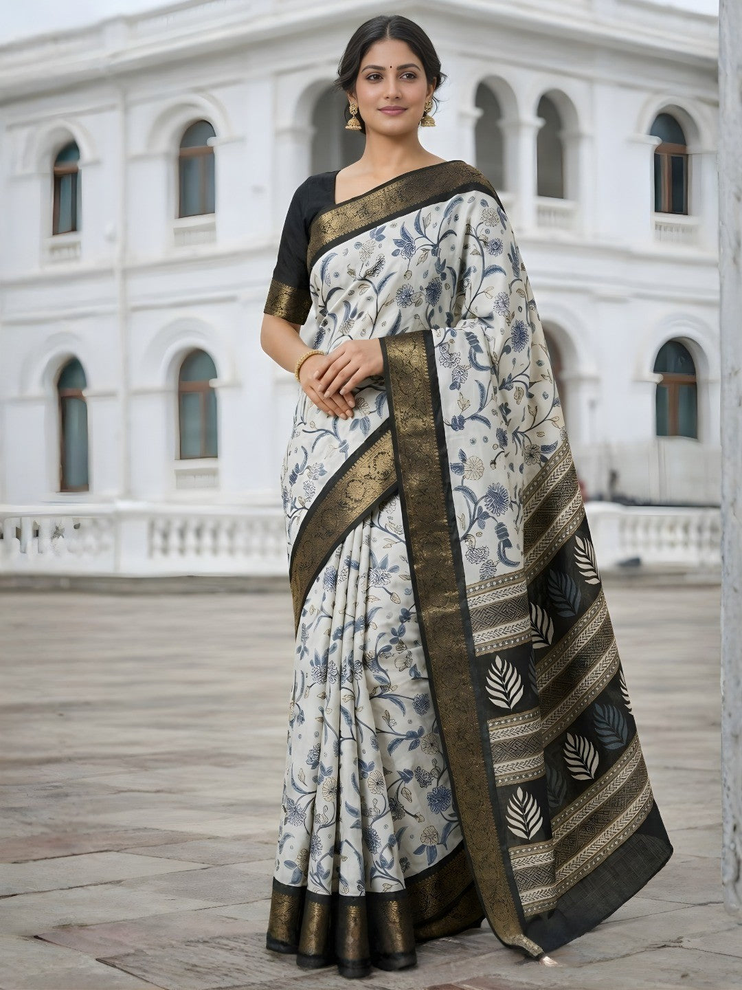 Sophisticated Offwhite Floral Print Dola Silk Saree Enhanced By Ornate Woven Border Work - Image 1