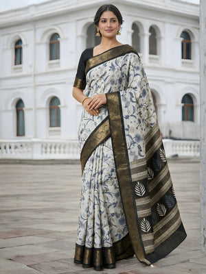 Sophisticated Offwhite Floral Print Dola Silk Saree Enhanced By Ornate Woven Border Work - Image 1