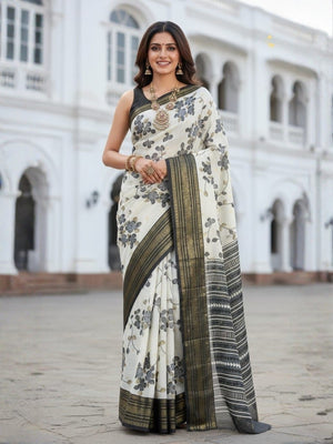 Premium Offwhite Floral Printed Dola Silk Saree With Traditional Zari Weaving Border Finish - Image 1