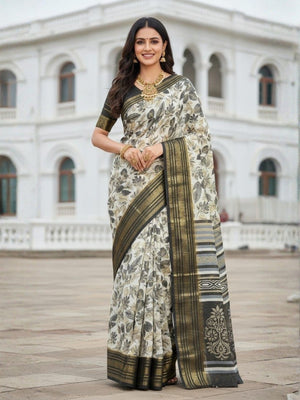 Classic Offwhite Floral Printed Dola Silk Saree Featuring Intricate Weaving Border Work - Image 1
