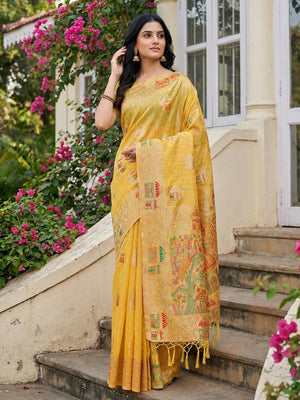 Yellow Linen Festive Wear Saree Adorned with Artistic Zari Woven Design - Image 1