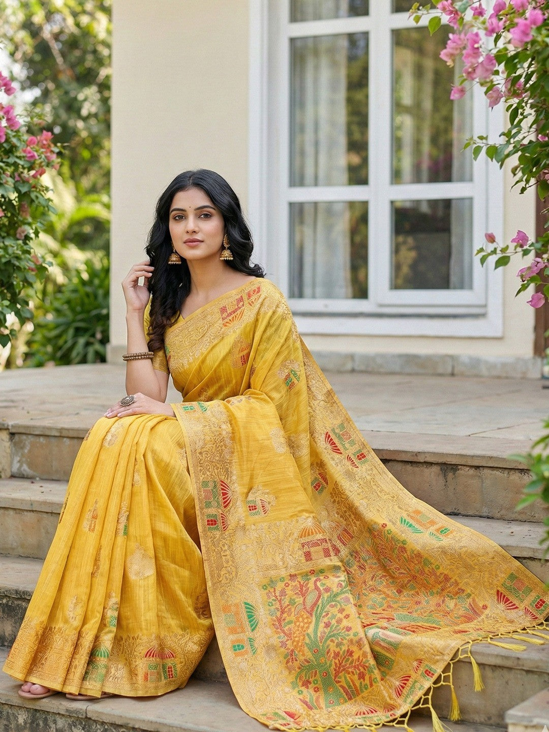 Yellow Linen Festive Wear Saree Adorned with Artistic Zari Woven Design - Image 3