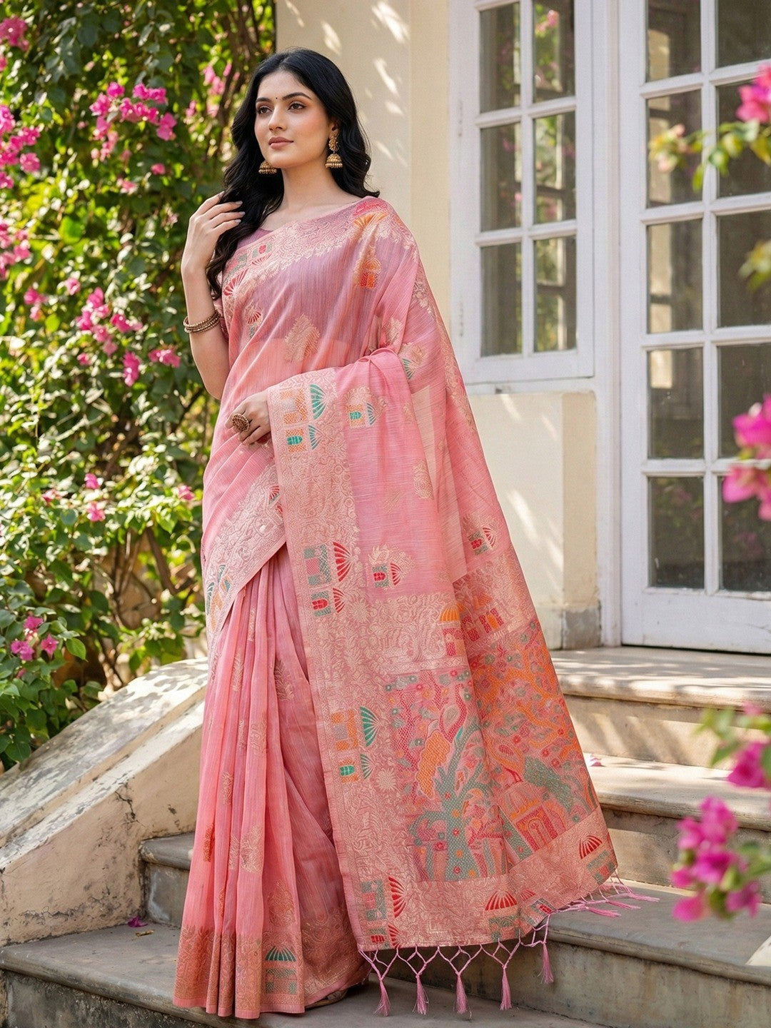 Pink Linen Festive Wear Saree Adorned with Artistic Zari Woven Design - Image 3