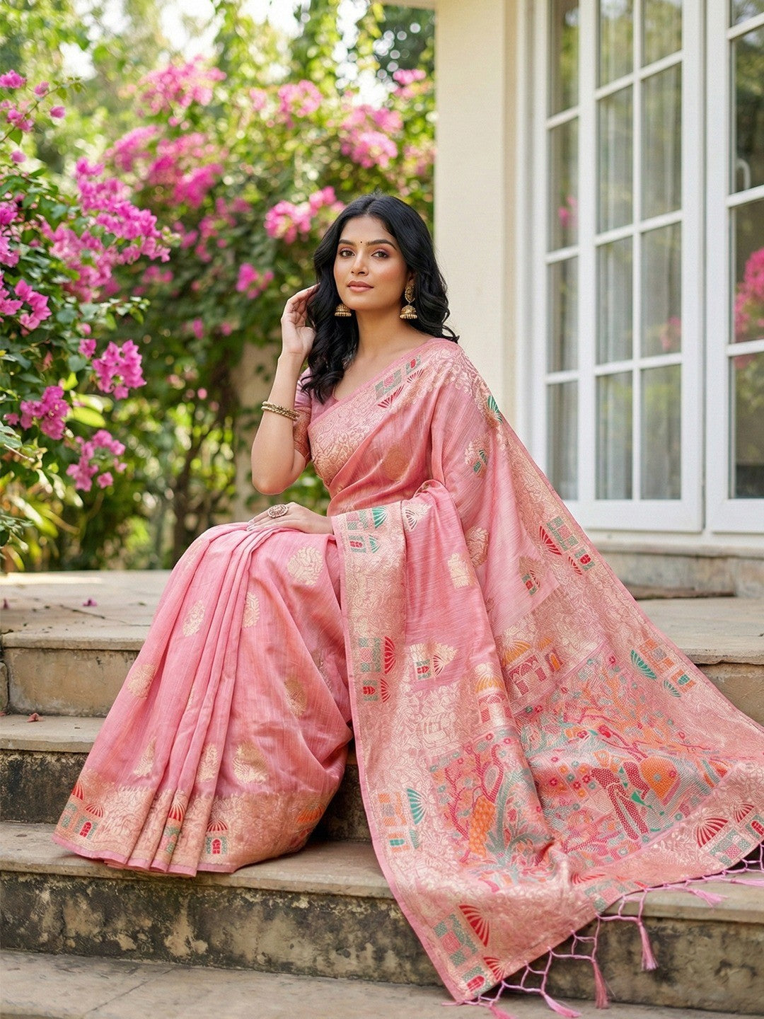 Pink Linen Festive Wear Saree Adorned with Artistic Zari Woven Design - Image 4