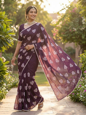 Elegant Purple Chiffon Saree with Heart design emboirdery work - Image 1