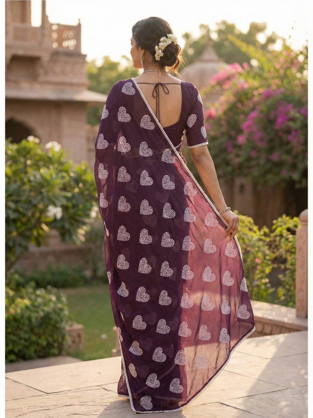 Elegant Purple Chiffon Saree with Heart design emboirdery work - Image 3
