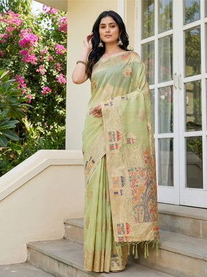 Green Linen Festive Wear Saree Adorned with Artistic Zari Woven Design - Image 1
