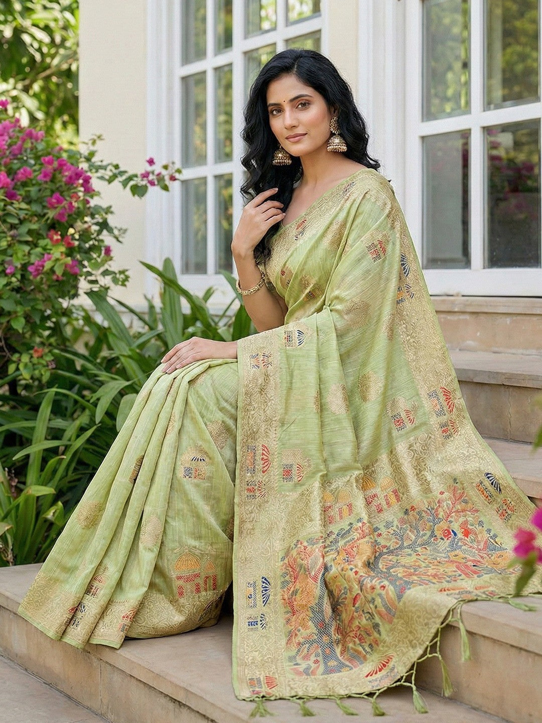 Green Linen Festive Wear Saree Adorned with Artistic Zari Woven Design - Image 3