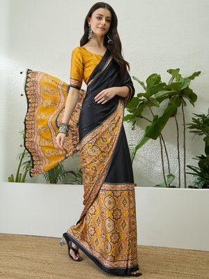 Trendy Black & Yellow Floral Print Satin Saree With Traditional Khatli Embroidery Work - Image 2