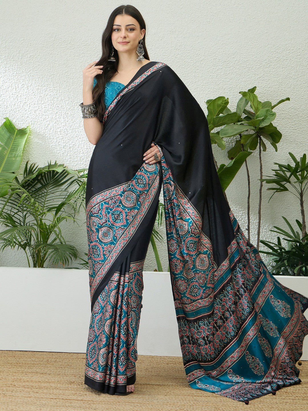 Trendy Black & Teal Floral Print Satin Saree With Traditional Khatli Embroidery Work - Image 1