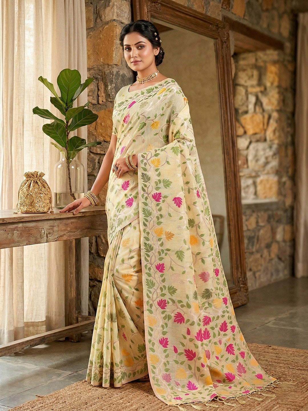 Stylish Cream Floral Weaving Linen Saree Featuring Designer Tassel Pallu - Image 3