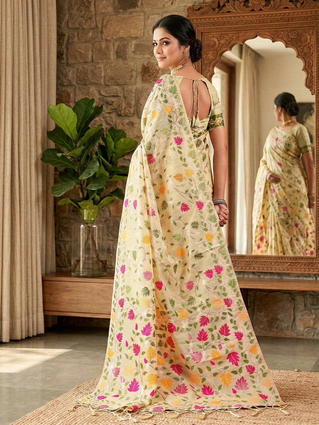 Stylish Cream Floral Weaving Linen Saree Featuring Designer Tassel Pallu - Image 2