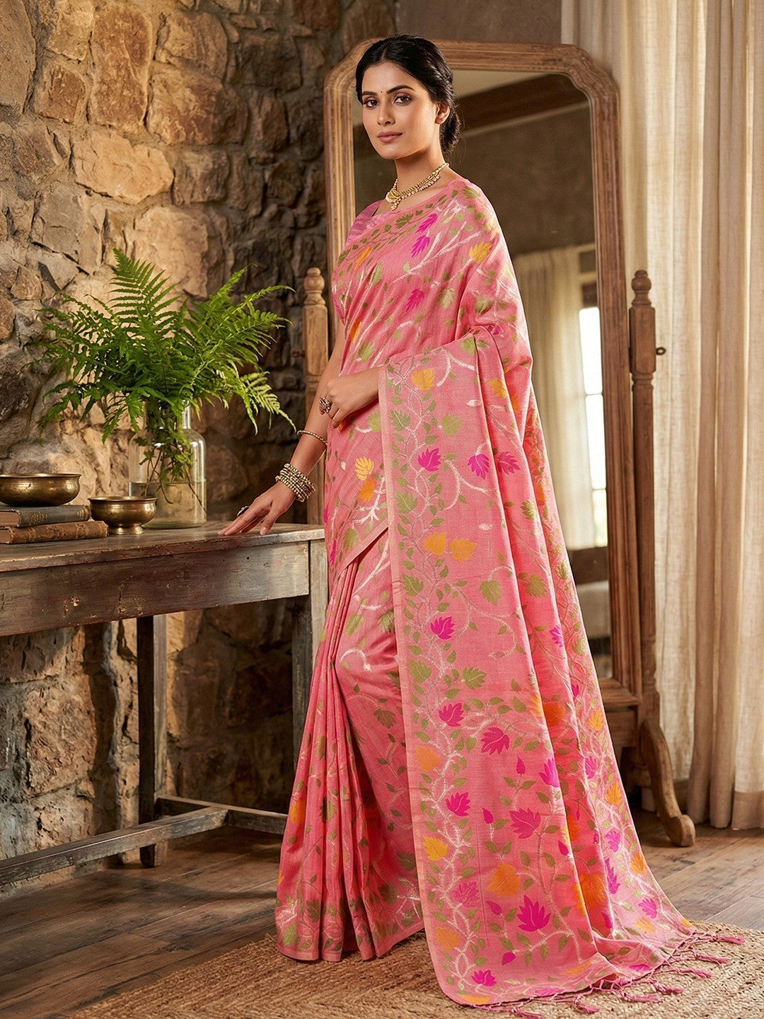Stylish Pink Floral Weaving Linen Saree Featuring Designer Tassel Pallu - Image 3