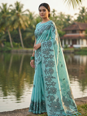 Blue Linen Saree with Subtle Floral Weaving and Smooth Breathable Texture - Image 2