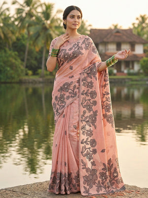 Elegant Peach Linen Saree with Floral Weaving and Breathable Texture - Image 1