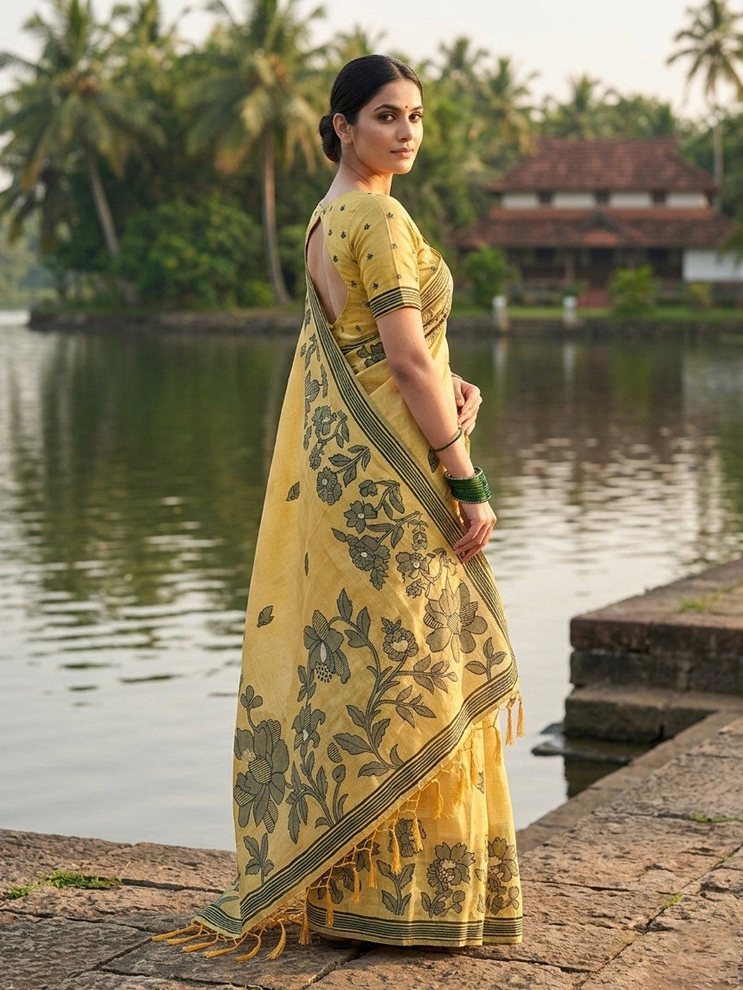 Yellow Linen Saree with Subtle Floral Weaving and Smooth Breathable Texture - Image 3
