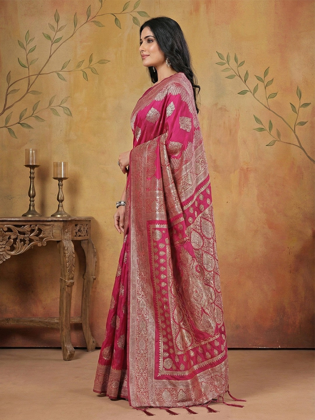 Pink Silk Blend Saree with Traditional Woven Detailing and Smooth Finish - Image 3