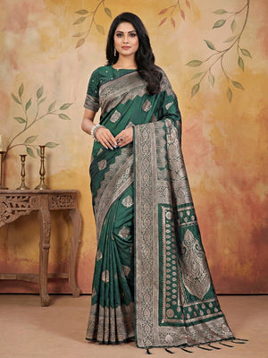 Green Silk Blend Saree with Traditional Woven Detailing and Smooth Finish - Image 1