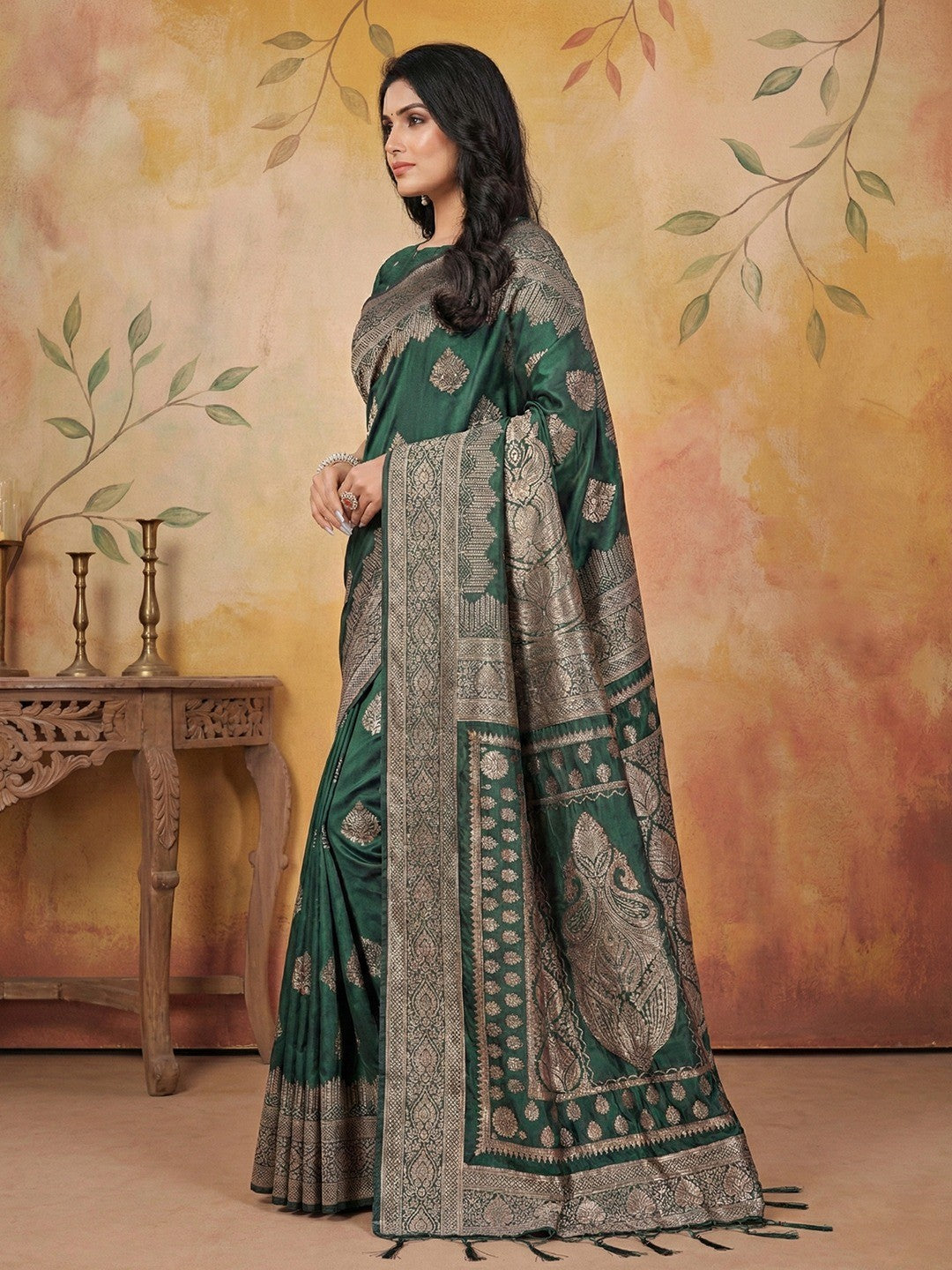 Green Silk Blend Saree with Traditional Woven Detailing and Smooth Finish - Image 3