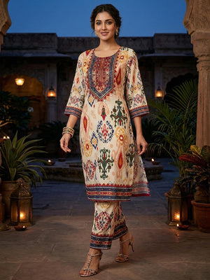 Offwhite Ikkat Print Crepe Top and Bottom Set with Soft Flowing Fabric - Image 1