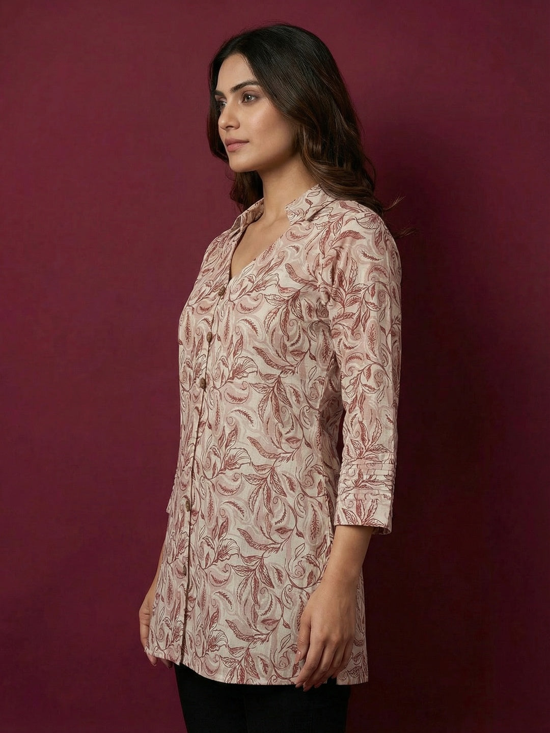 Offwhite Floral Printed Pure Cotton Top with Collar Neck - Image 3