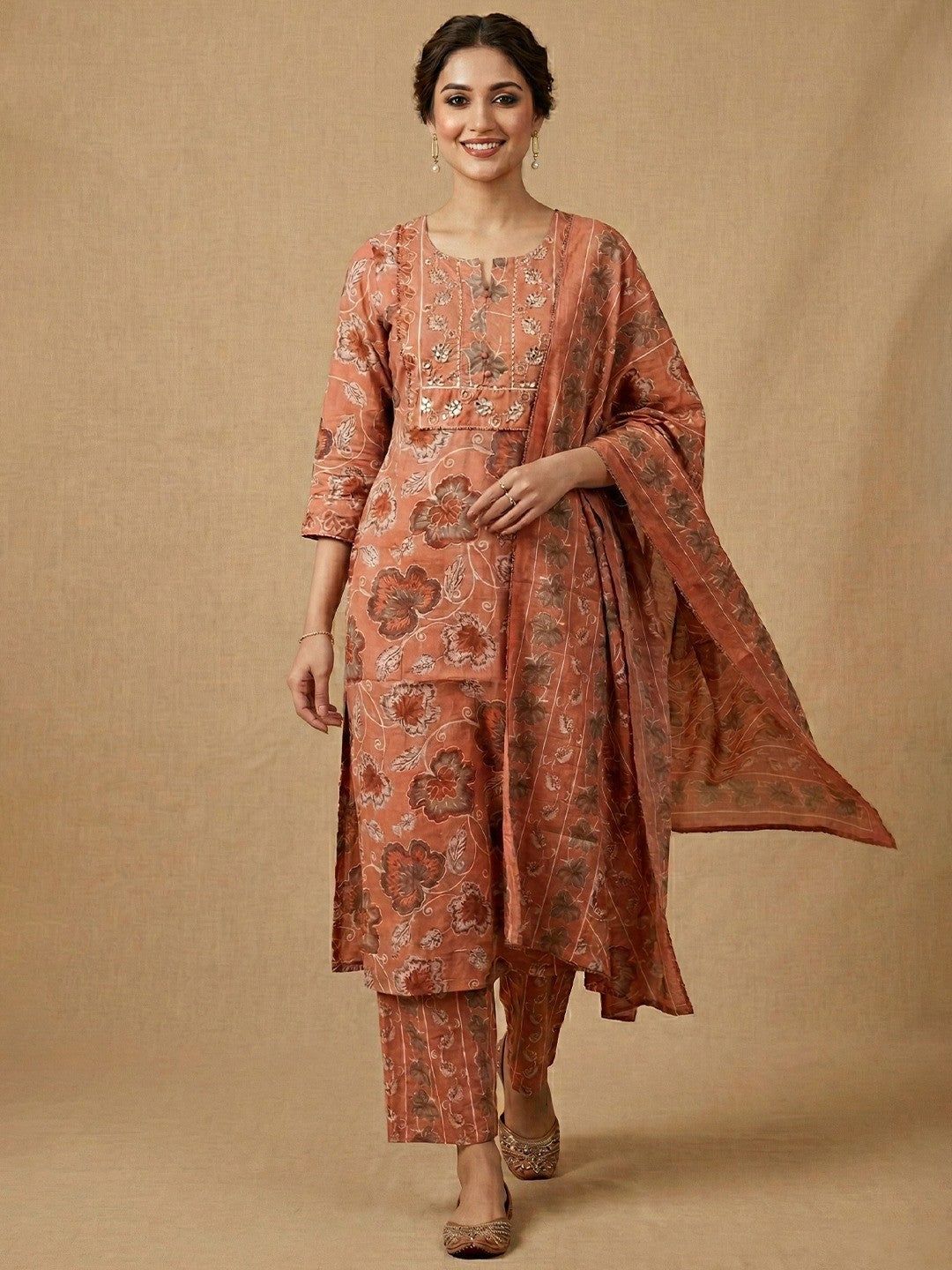 Peach Floral Printed Pure Cotton Salwar Suit with Dupatta for Timeless Ethnic Elegance - Image 1
