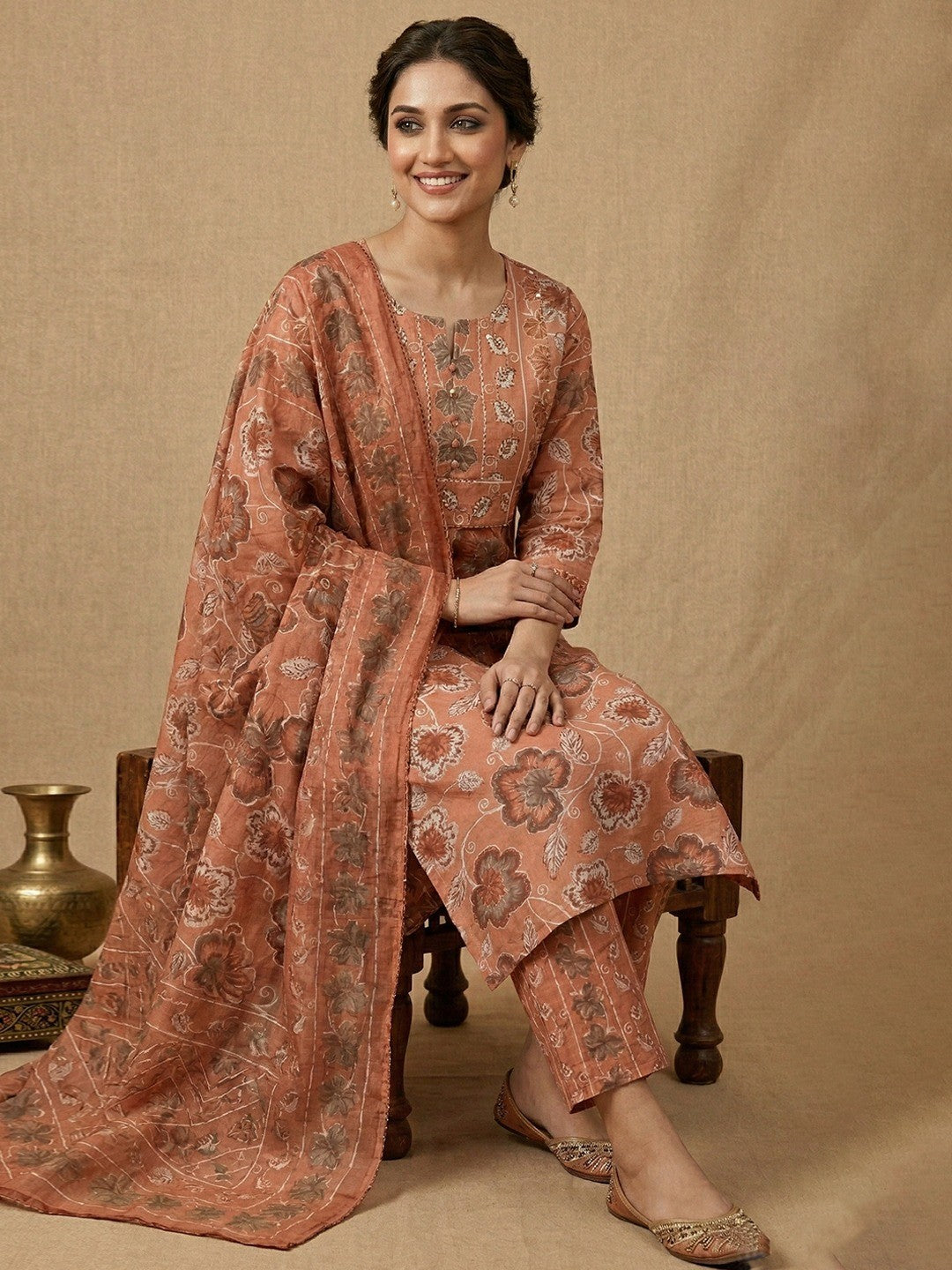 Peach Floral Printed Pure Cotton Salwar Suit with Dupatta for Timeless Ethnic Elegance - Image 2