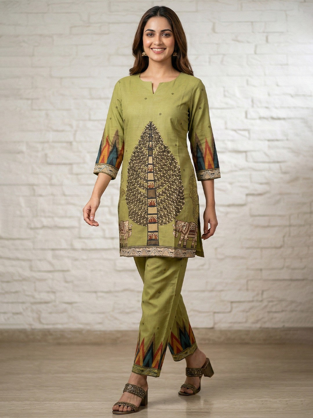 Green Pure Cotton Top Bottom Set with Tree & Elephant Print - Image 1