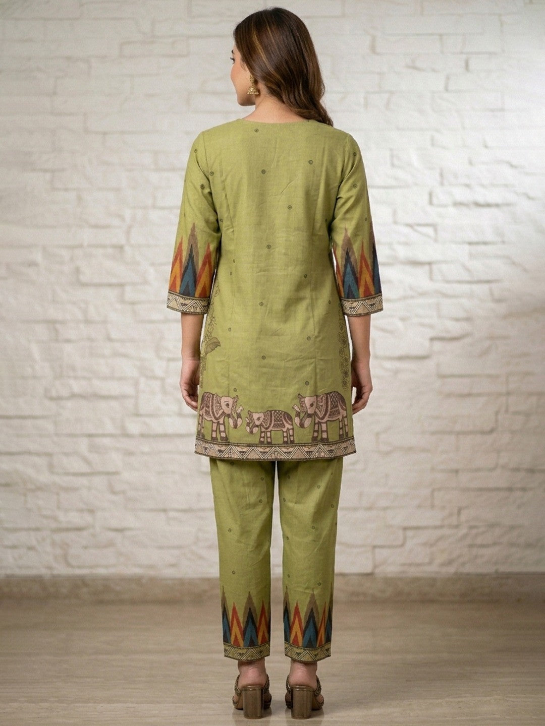 Green Pure Cotton Top Bottom Set with Tree & Elephant Print - Image 3