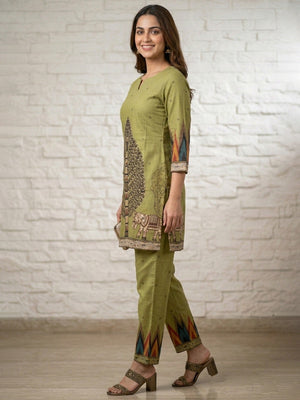 Green Pure Cotton Top Bottom Set with Tree & Elephant Print - Image 2