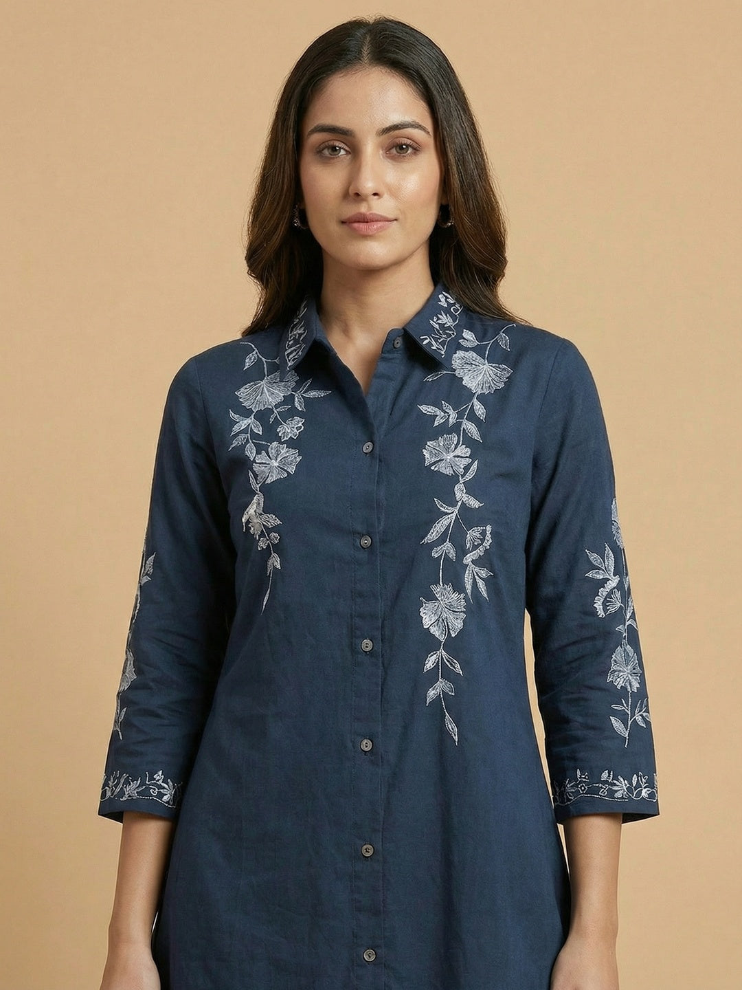 Navy Blue Viscose Top Bottom Ensemble with Elegant Floral Embroidered Accents - Image 3