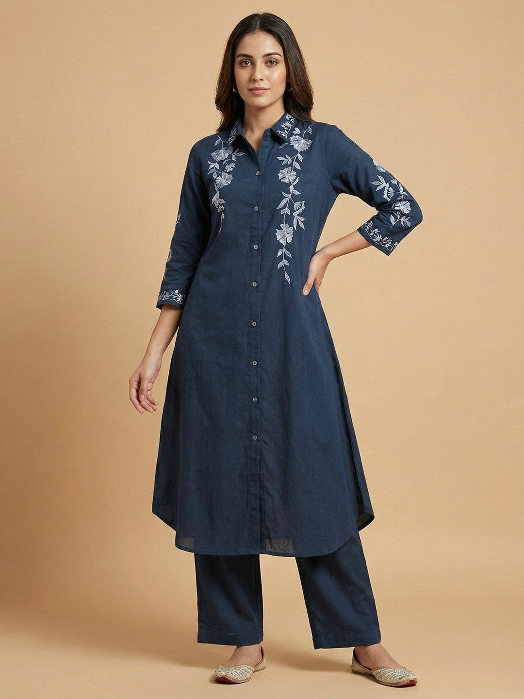 Navy Blue Viscose Top Bottom Ensemble with Elegant Floral Embroidered Accents - Image 1