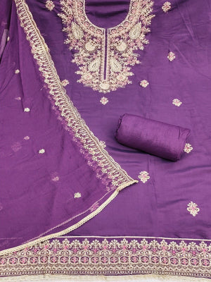 Purple Cotton Silk Embroidered Dress Material Set with Soft Fabric and Festive Appeal - Image 2