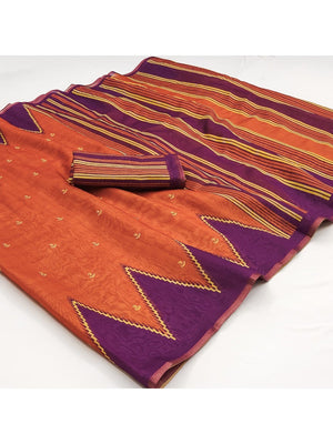 Luxury Orange Zig Zag & Striped Printed Chanderi Silk Saree With Weaving Border - Image 2