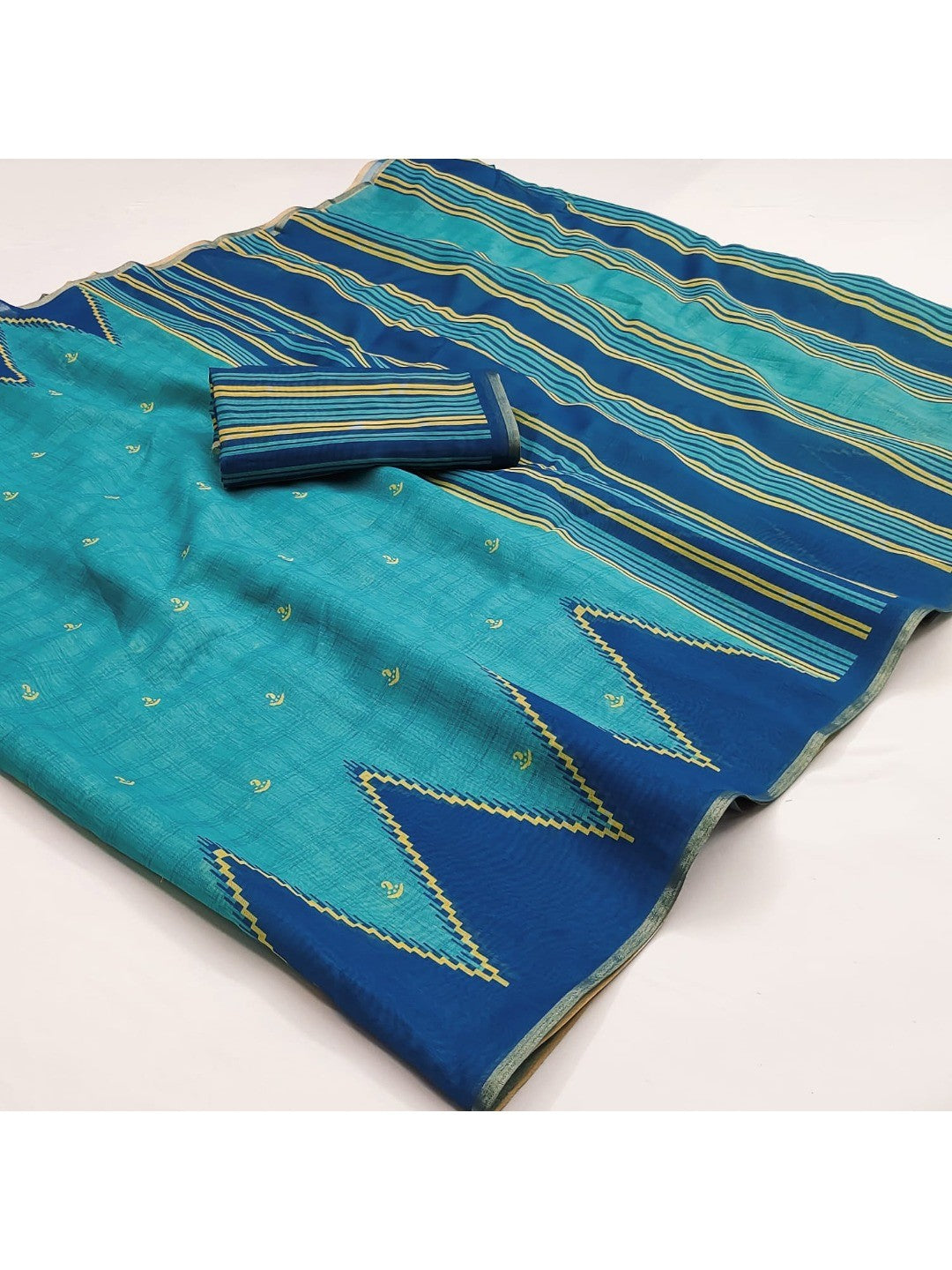 Luxury Teal Blue Zig Zag & Striped Printed Chanderi Silk Saree With Weaving Border - Image 2